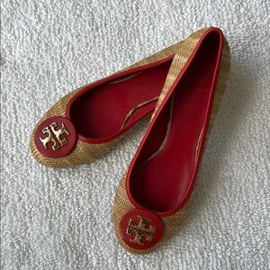 Tory Burch Red and Tan Flats with Iconic Medallion